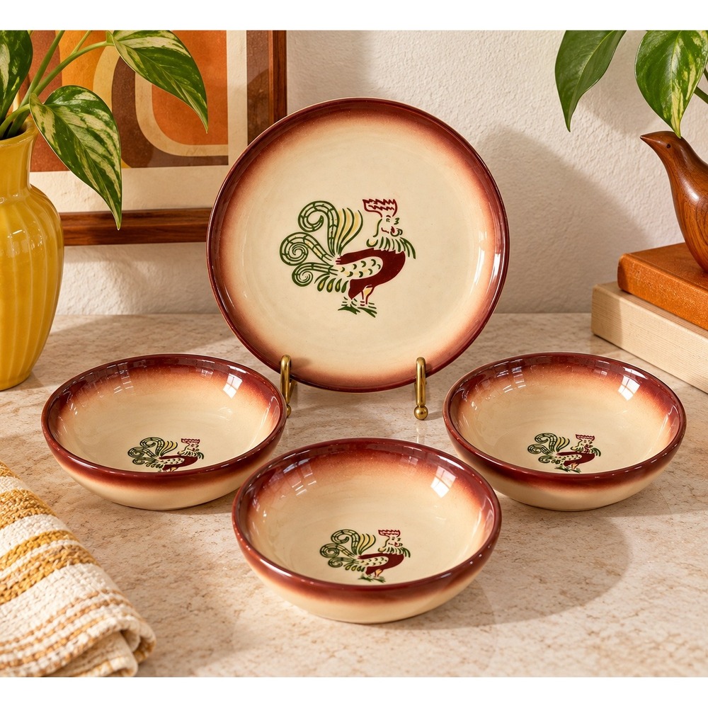 Vintage 50s MCM Brock of California Chanticleer Rooster Set 4pc Retro Farm House